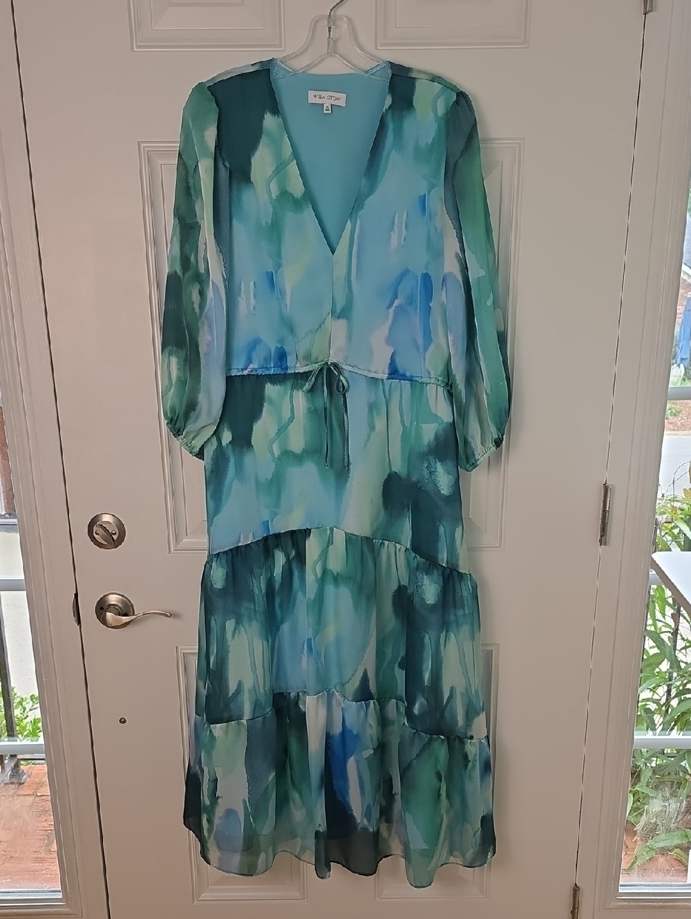 Tiered V-Neck Maxi Dress in Teal Watercolor.  Size Medium